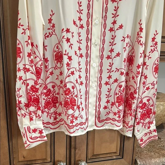 Escada White and Red Embroidered long sleeve button down blouse - Picture 4 of 6